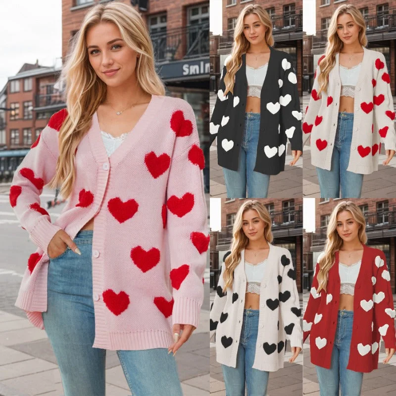 Wholesale Valentine's Day Heart Knitted Cardigan V-neck Button Midi-length Coat Modern Contemporary chic