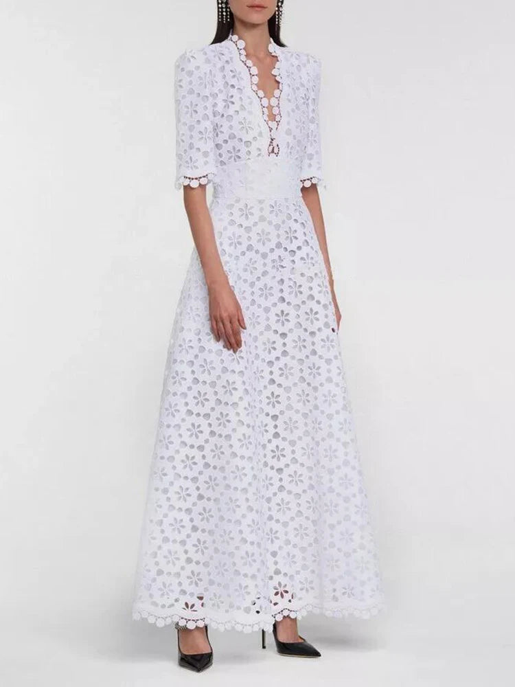 CHICEVER Elegant Hollow Out Dresses For Women V Neck Half Sleeve High Waist Solid Temperament Slimming A Line Dress Female New CHICEVER Elegant Hollow Out Dresses For Women V Neck Half Sleeve High Waist Solid Temperament Slimming A Line Dress Female New