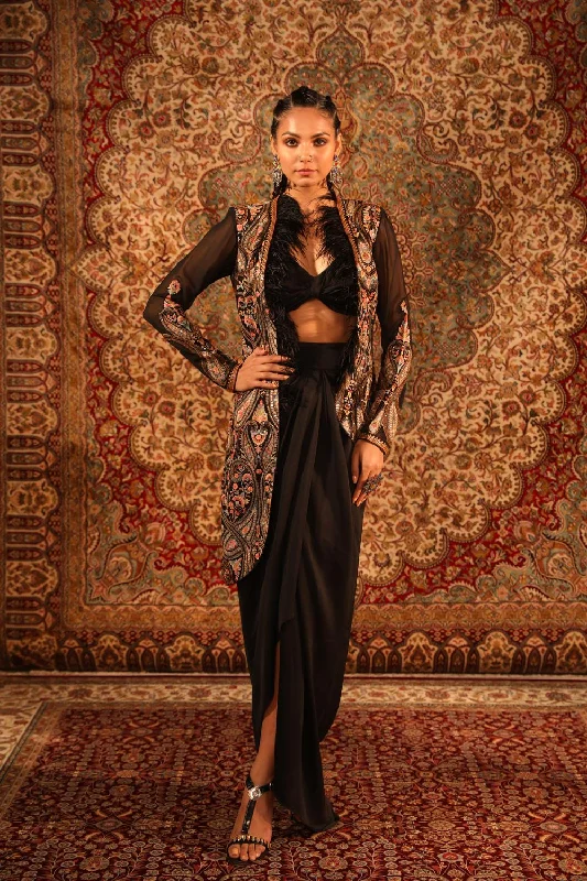 Black Jamawaar Jacket With Fur, Knotted Blouse, Draped Skirt Trench Coat Raincoat Waterproof Jacket