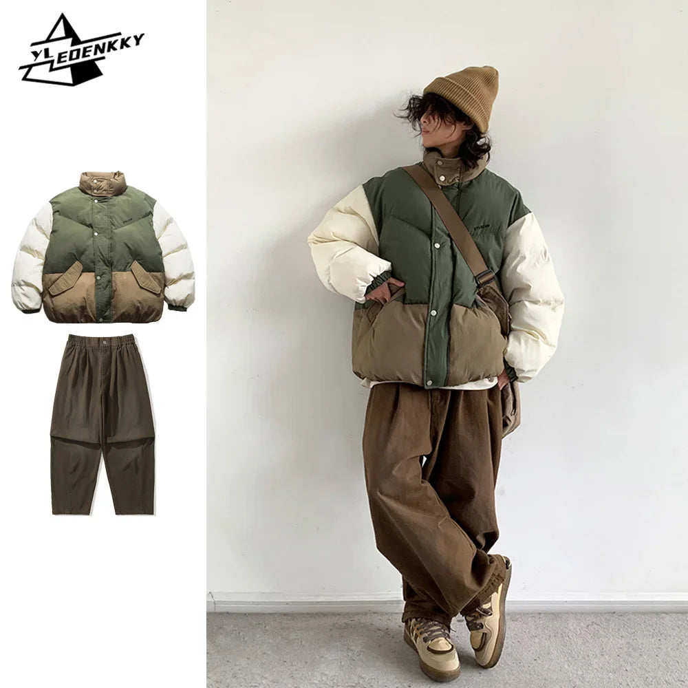 Advbridge Harajuku Street Set Men Women Yama Style Patchwork Thickened Parka Washed Loose Casual Cargo Pants Retro Unisex Baggy Warm Suit Stylish Hooded Parka Jacket