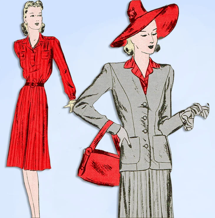 1940s Original Vintage Butterick Pattern 1841 Misses WWII Dress & Jacket Sz 30 B Denim Fabric Leather Fabric Suede Fabric