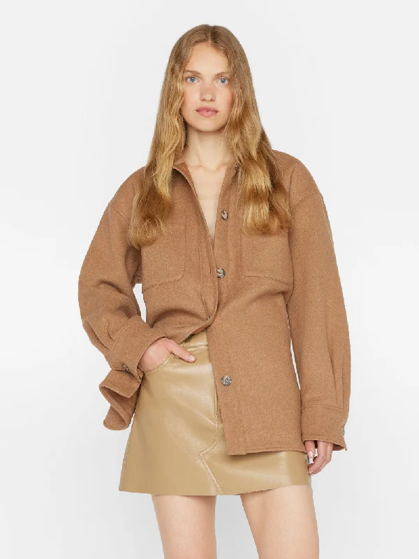 Oversized Trucker Shirt Jacket -- Light Camel Knit Fabric Woven Fabric Fleece Fabric