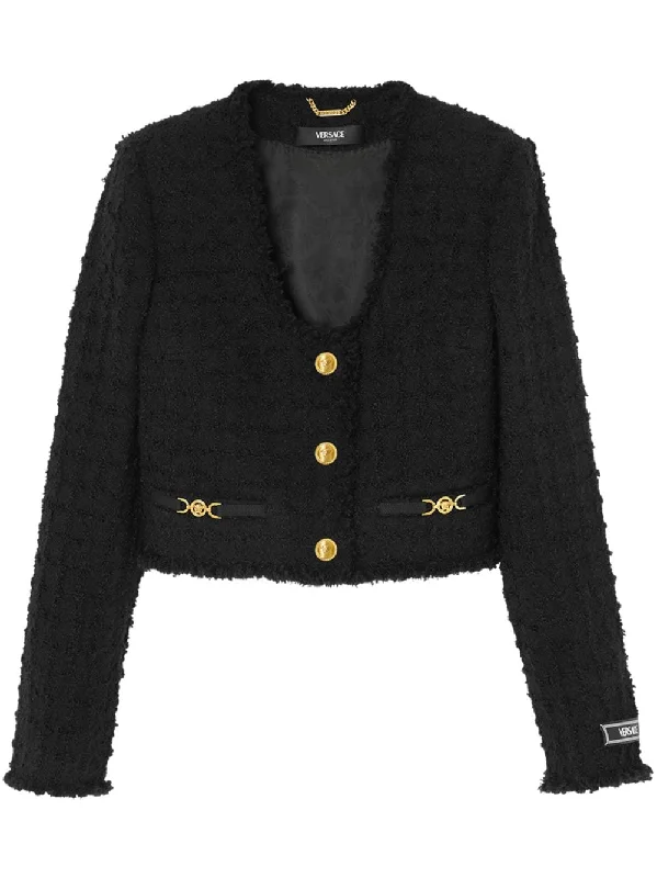 Versace Heritage Tweed Cropped Jacket Zip Front Button Front Snap Front