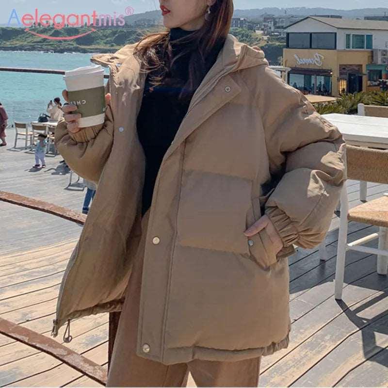 Aelegantmis Women Thicken Warm Parka Coat Loose Oversized Women's Winter Bread Coat Hooded Outwear Padded Woman Parkas Jackets Trendy Oversized Parka Jacket