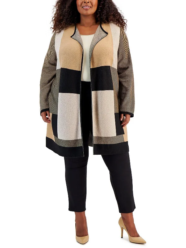 Plus Womens Striped Midi Cardigan Sweater Seamless Knitted Crochet