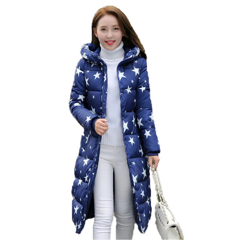Fashion Cotton Padded Jacket Women Slim Thick Stars Print Female Coat Parka Warm Long Jackets Ladies Overcoat Elegant Slim Parka Jacket Fashion Cotton Padded Jacket Women Slim Thick Stars Print Female Coat Parka Warm Long Jackets Ladies Overcoat Elegant Slim Parka Jacket