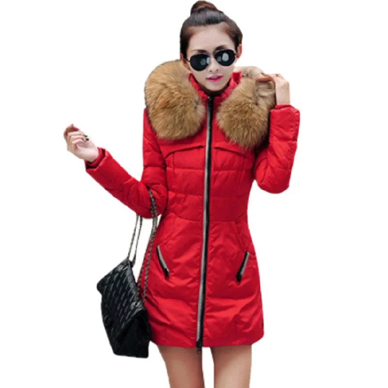 Winter Women Parka Outerwear Duck Down Jacket With Large Fur Collar Mid-Length Padded Parka