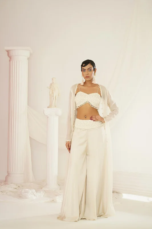 Ivory Crytals And Pearl Embroidered Palazo Jacket Set Notch Collar Peter Pan Collar Cowl Neck Ivory Crytals And Pearl Embroidered Palazo Jacket Set Notch Collar Peter Pan Collar Cowl Neck