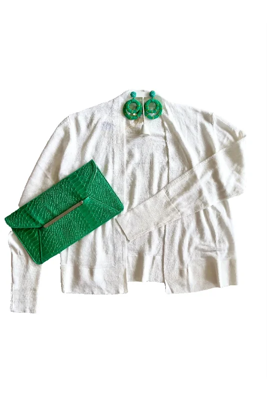 White Linen Open Front Cardigan Zippered Front Buttoned Front Snap Front