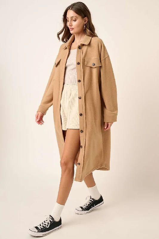 Hazel Blues® |  Mittoshop Button Up Drop Shoulder French Terry Longline Jacket Trench Coat Raincoat Waterproof Jacket