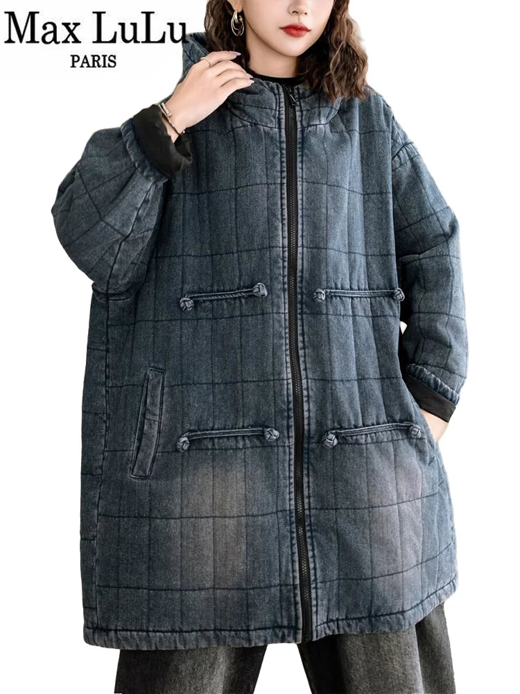 Max LuLu Winter Chinese Womens Plaid Denim Padded Jeacket Vintage Warm Classic Loose Parkas Hooded Casual Thicken Big Size Coats Casual Fleece-Lined Parka Max LuLu Winter Chinese Womens Plaid Denim Padded Jeacket Vintage Warm Classic Loose Parkas Hooded Casual Thicken Big Size Coats Casual Fleece-Lined Parka