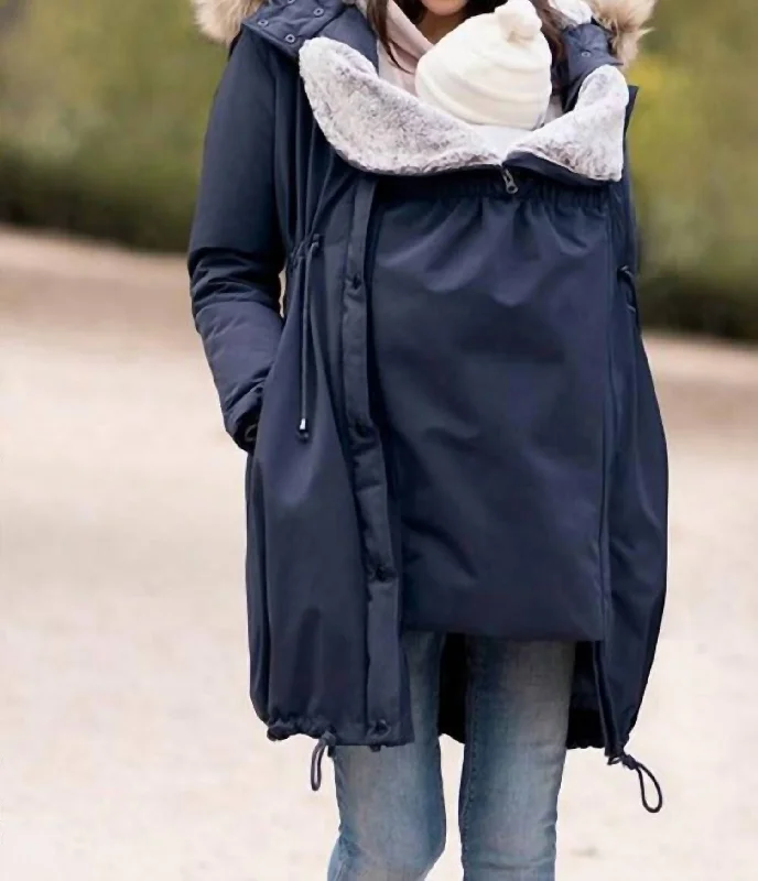 3 In 1 Winter Maternity Parka In Navy Hooded Puffy Parka Coat