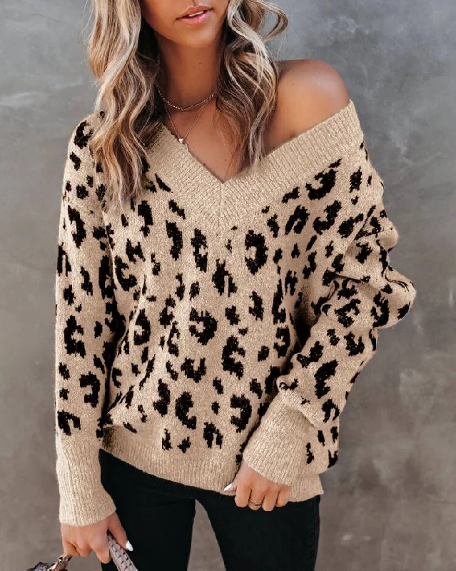 Loose Casual V-neck Strapless Leopard Print Core-spun Yarn Sweater Transparent Opaque Sheer Loose Casual V-neck Strapless Leopard Print Core-spun Yarn Sweater Transparent Opaque Sheer