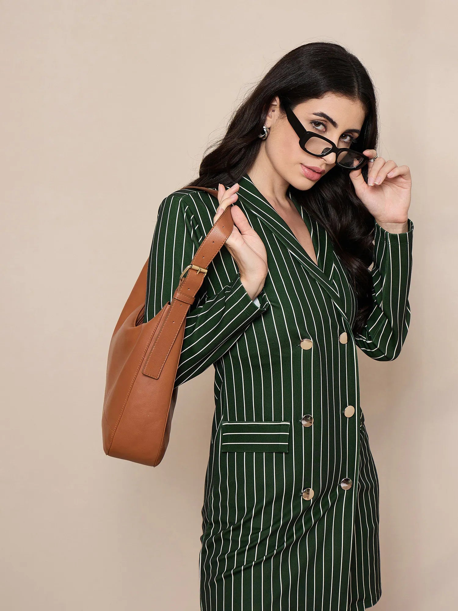 Women Green Striped Double Breasted Blazer Dress-SFDRSS12421 Women's Custom Jacket