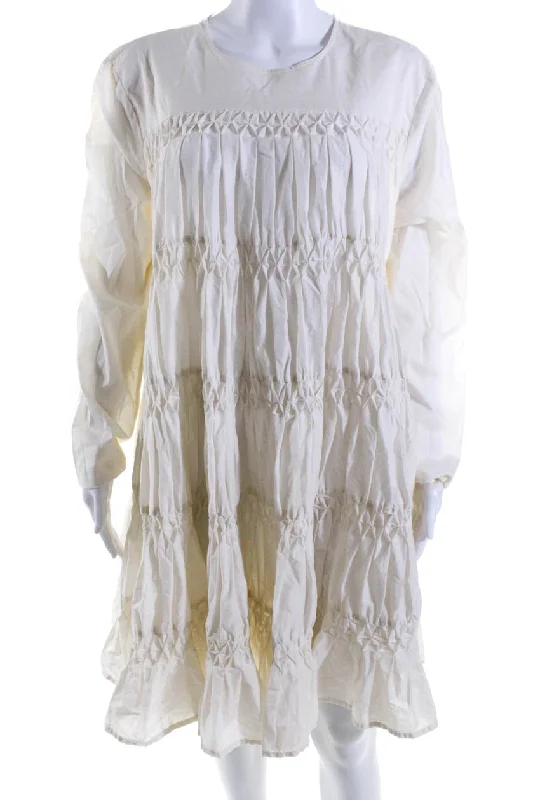Merlette Womens Smocked Long Sleeve Crew Neck Swing Dress White