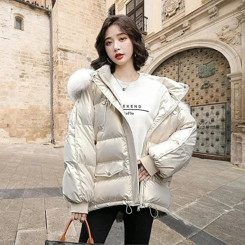 Autumn Winter Casual Women's Parkas 2024 New Korean Version Fur Collar Loose Hooded Jacket Regular Zipper Women Clothing Black Long Thick Warm Parka