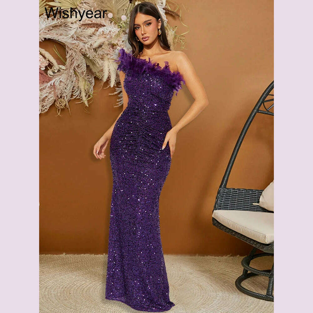 New Luxury Sequined Feather One Shoulder Sleeveless Slanted Collar Backless Purple Long Dress Women Birthday Party Event Gowns New Luxury Sequined Feather One Shoulder Sleeveless Slanted Collar Backless Purple Long Dress Women Birthday Party Event Gowns