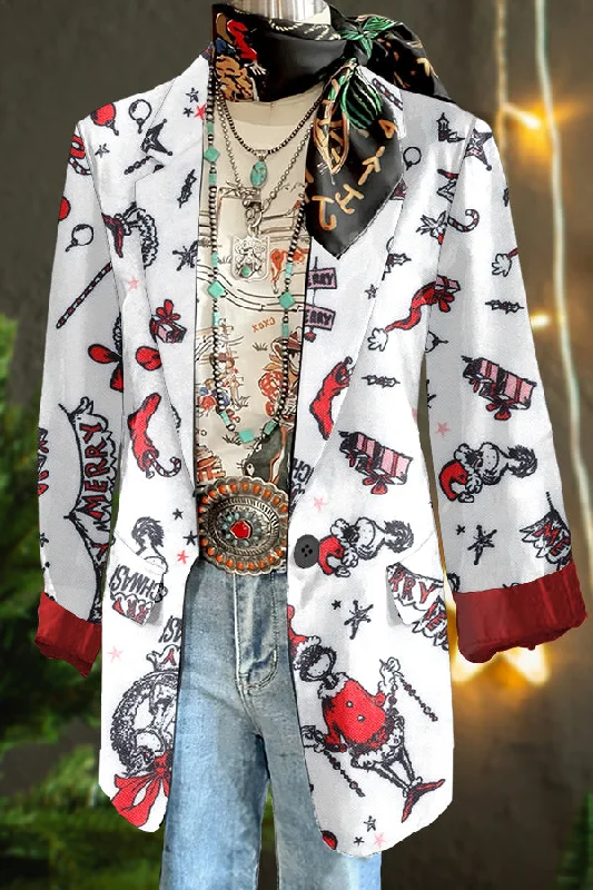 Simple Christmas Grinch Print Blazer Women's Vintage Suit