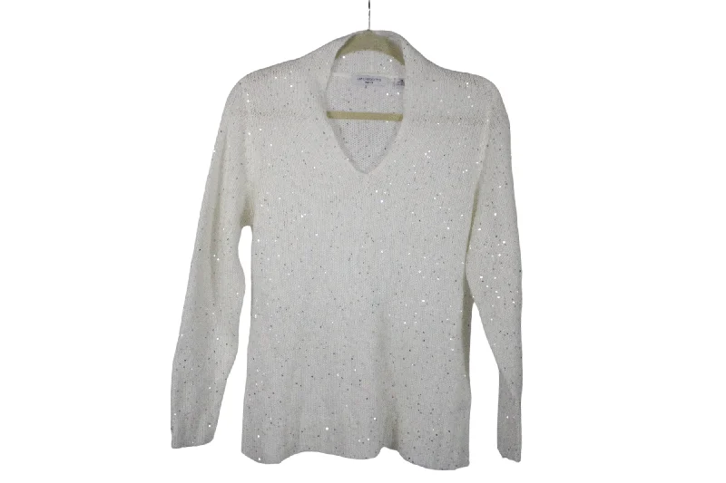 Liz Claiborne White Silver Sequined Sweater | L Petite Solid Color Striped Floral Print Liz Claiborne White Silver Sequined Sweater | L Petite Solid Color Striped Floral Print
