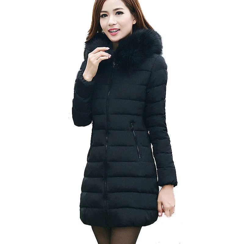 Fake Fur Collar Parka Down Cotton Jacket Jacket Women Thick Snow Wear Coat Lady Clothing Female Jackets Casual Fleece-Lined Parka