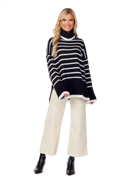 Black Dunn Striped Sweater by Mudpie Mesh Fabric Canvas Fabric Denim Fabric