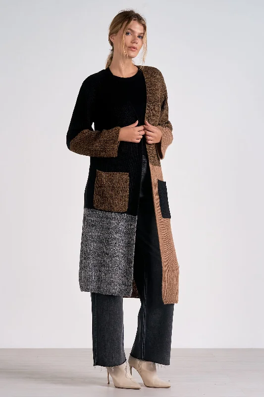 COLOR BLOCK LONG CARDIGAN - BLACK/BROWN Nylon Fabric Polyester Fabric Spandex Fabric