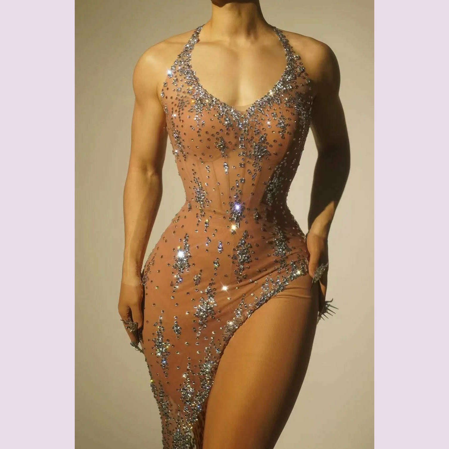 Stock Sparkly Rhinestone Evening Dress Women Celebrity Birthday Wear Sexy See Through Mesh Photo Shoot Stage performance Costume