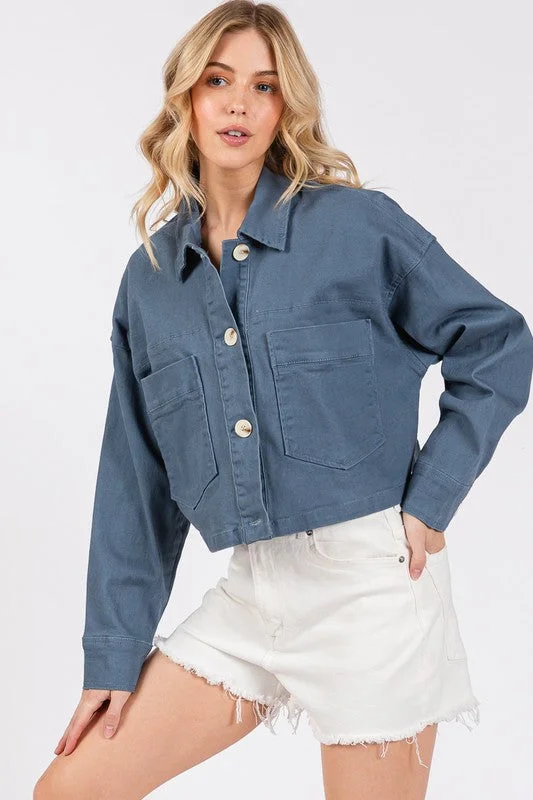 Hazel Blues® |  bytos Button Down Cropped Denim Jacket with Patch Pockets Fleece Fabric Down Fabric Feather Fabric