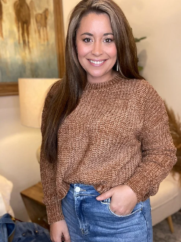 The Chenille Cropped Sweater (Deep Camel) Zippered Buttoned Snapped