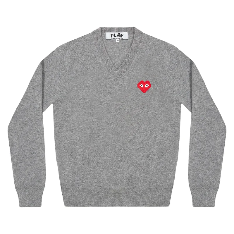 Play Comme des Garçons x the Artist Invader V-Neck Sweater (Top Grey) Thin Thick Dense