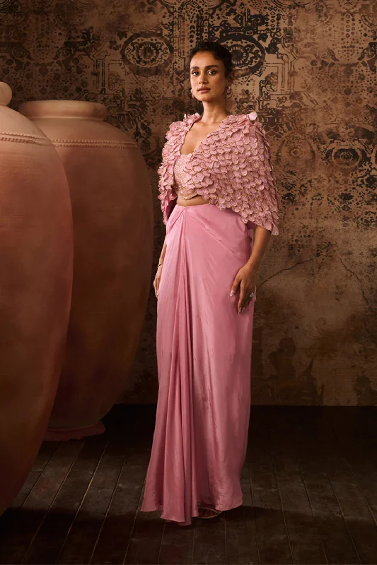 Onion Pink Embroidered Jacket With Embroidered Bustier With Drape Skirt A-Line Jacket Boat Neck Shawl Collar