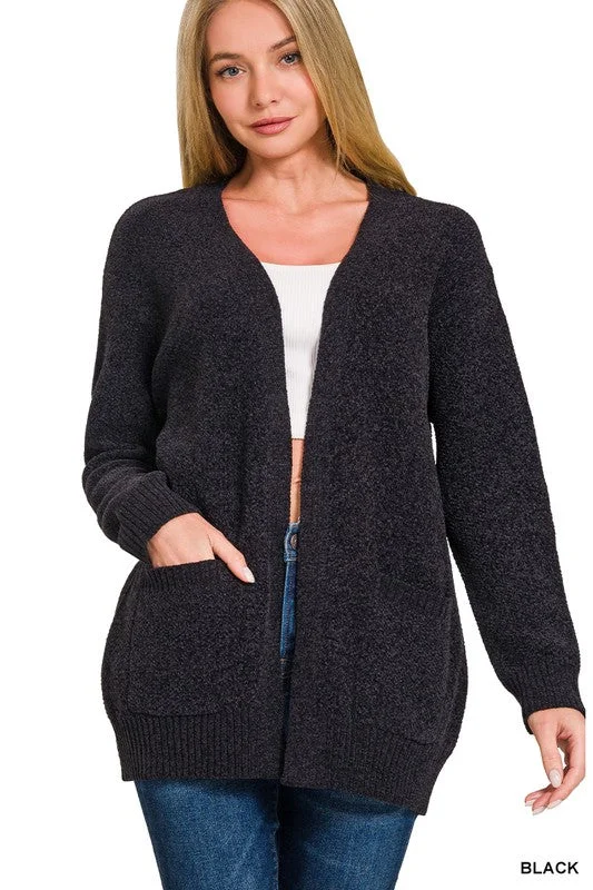 Melange Sweater Cardigan - Black Houndstooth Herringbone Solid