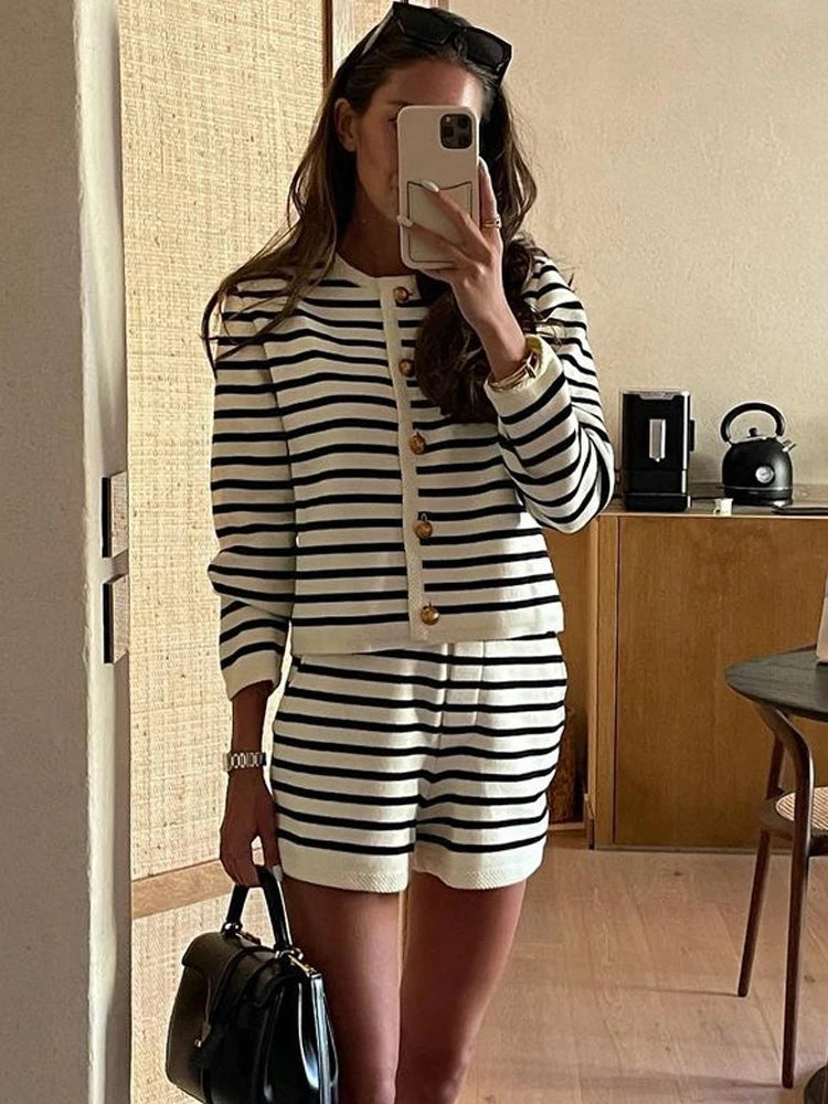 Advbridge Striped Knit 2 Piece-Set Shorts Women Fashion Zebra Printed Cardigan And High Waist Patchwork Shorts Sets Knitwear Outfits Glossy Satin Silk
