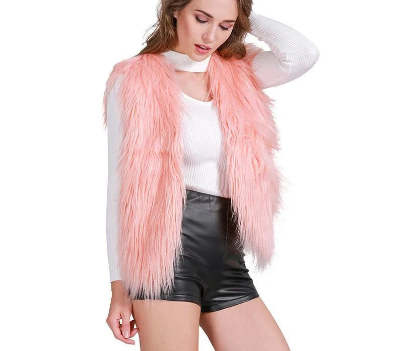 Simplee Casual fluffy pink elegant faux fur vest women jacket coat Soft warm sleeveless outwear black parkas Thick Fleece Parka Jacket