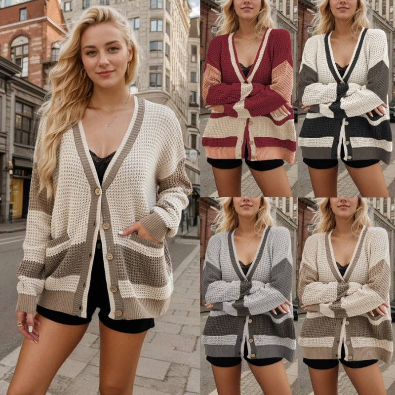 Wholesale Autumn and Winter Knitted Jacket V-Neck Large Size Pocket Colorblock Cardigan Sweater Stylish Fashionable Trendy