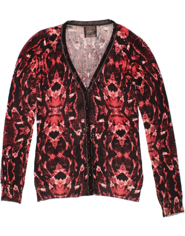 GUESS Womens Cardigan Sweater UK 6 Small Red Animal Print Viscose Boat Neck Shawl Collar Notched Collar GUESS Womens Cardigan Sweater UK 6 Small Red Animal Print Viscose Boat Neck Shawl Collar Notched Collar