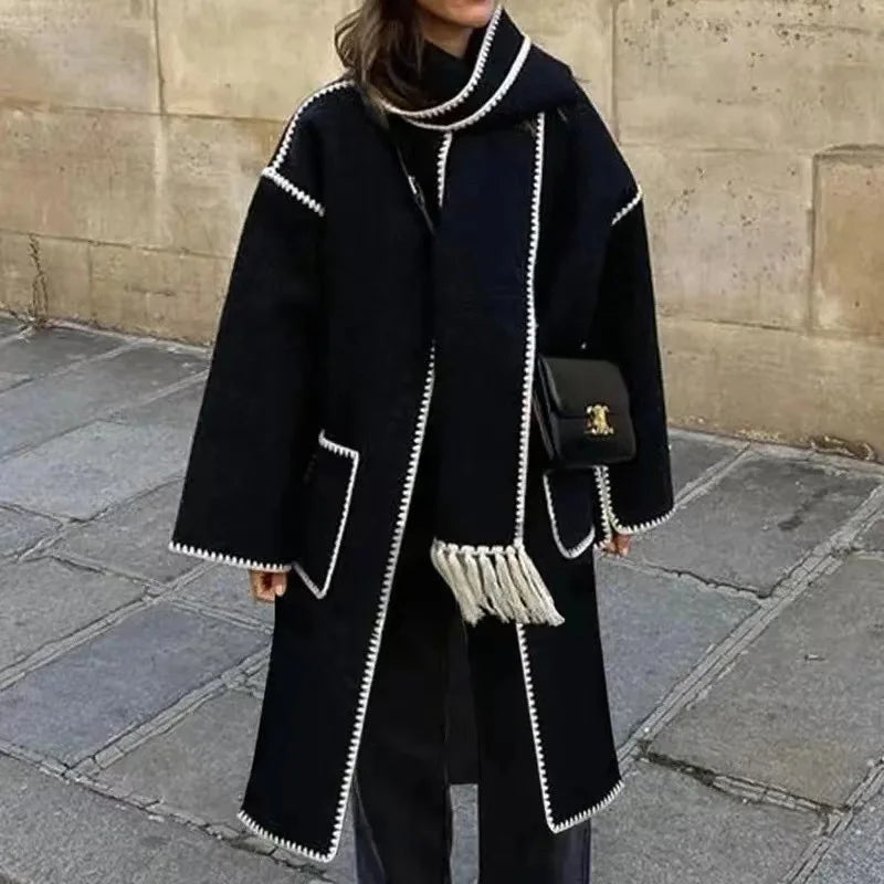 Advbridge Lady Overcoats Women Autumn Long Sleeve Oversize Cardigan with Scarf Contrasting Color Elegant French Jacket Winter Thickness Hooded Caped Shawl Collar