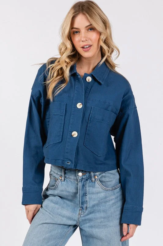 Hazel Blues® |  bytos Button Down Cropped Denim Jacket with Patch Pockets Knit Fabric Woven Fabric Fleece Fabric