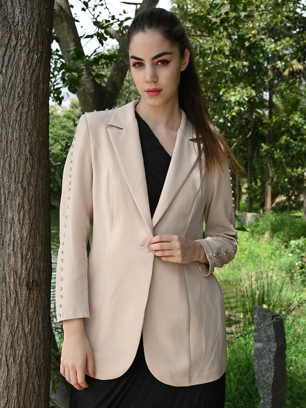 Odette Women Beige Embellished Polyester Semi Formal Stitched Blazer Women's Boutique Suit Odette Women Beige Embellished Polyester Semi Formal Stitched Blazer Women's Boutique Suit