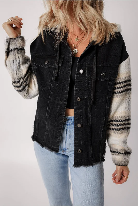 Hazel Blues® | Raw Hem Drawstring Hooded Denim Jacket Lace Jacket Ribbed Jacket Sequined Jacket Hazel Blues® | Raw Hem Drawstring Hooded Denim Jacket Lace Jacket Ribbed Jacket Sequined Jacket