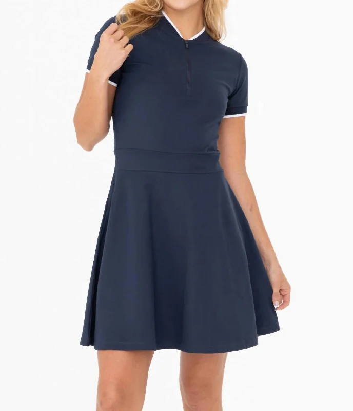 Preppy Half Zip Flared Dress In Navy