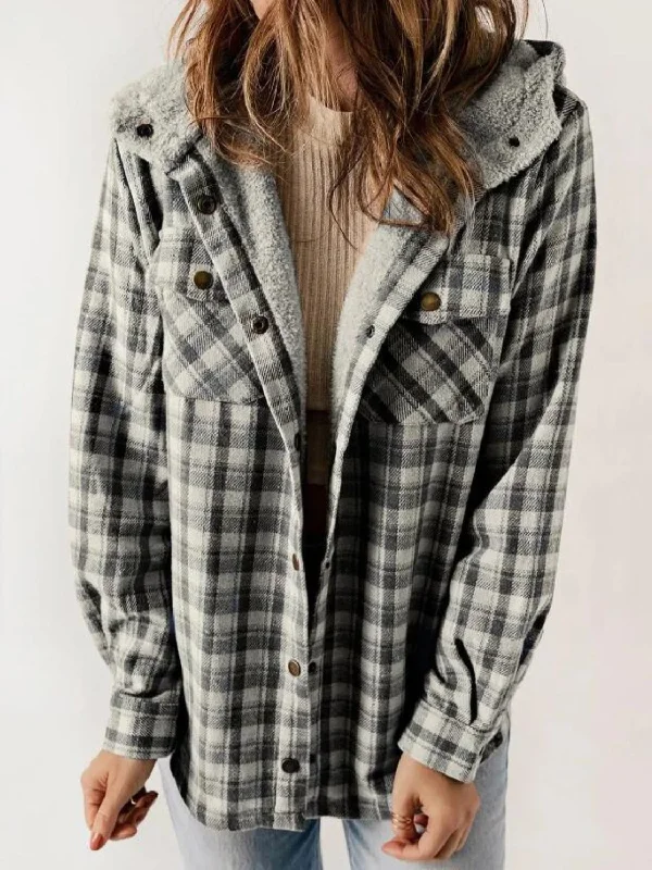 Hazel Blues® |  Plaid Snap Down Plush Hooded Jacket Print Jacket Jacquard Jacket Embroidered Jacket