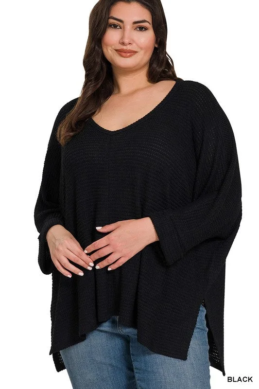 Curvy Gal Jacquard 3/4 Sleeve Sweater -Black Collared Crew Neck Turtle Neck