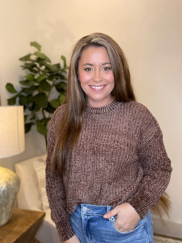 The Chenille Cropped Sweater (Brown) Toggled Drawstring Belted