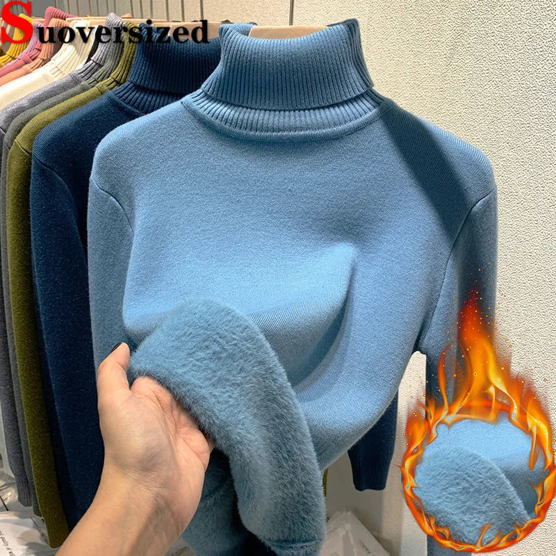 Plush Lined Winter Turtleneck Sweater Warm Slim Long Sleeve Jerseys Tops Thicken Soft Knitted Jumper Korean Women Basic Pullover Solid Color Striped Floral Print Plush Lined Winter Turtleneck Sweater Warm Slim Long Sleeve Jerseys Tops Thicken Soft Knitted Jumper Korean Women Basic Pullover Solid Color Striped Floral Print