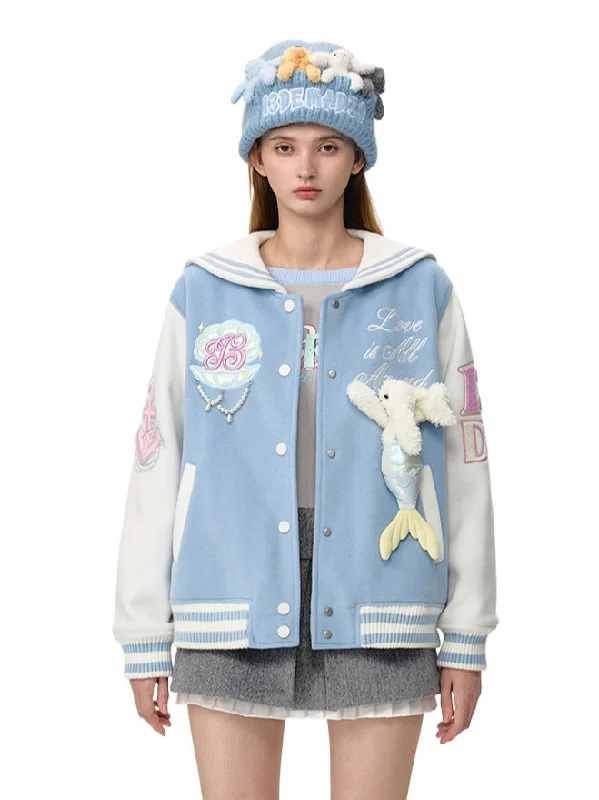 Blue & Gray Mermaid Baseball Jacket Elasticated Jacket Padded Jacket Insulated Jacket Blue & Gray Mermaid Baseball Jacket Elasticated Jacket Padded Jacket Insulated Jacket