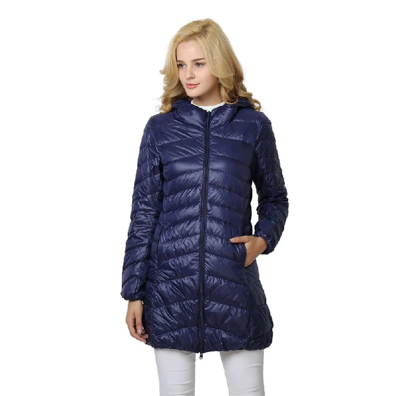 Down Jacket Hooded Duck Down Jackets Women Slim Long Sleeve Parka Zipper Coats Pockets Solid Women Ultra Light Soft Fur-Lined Parka Jacket