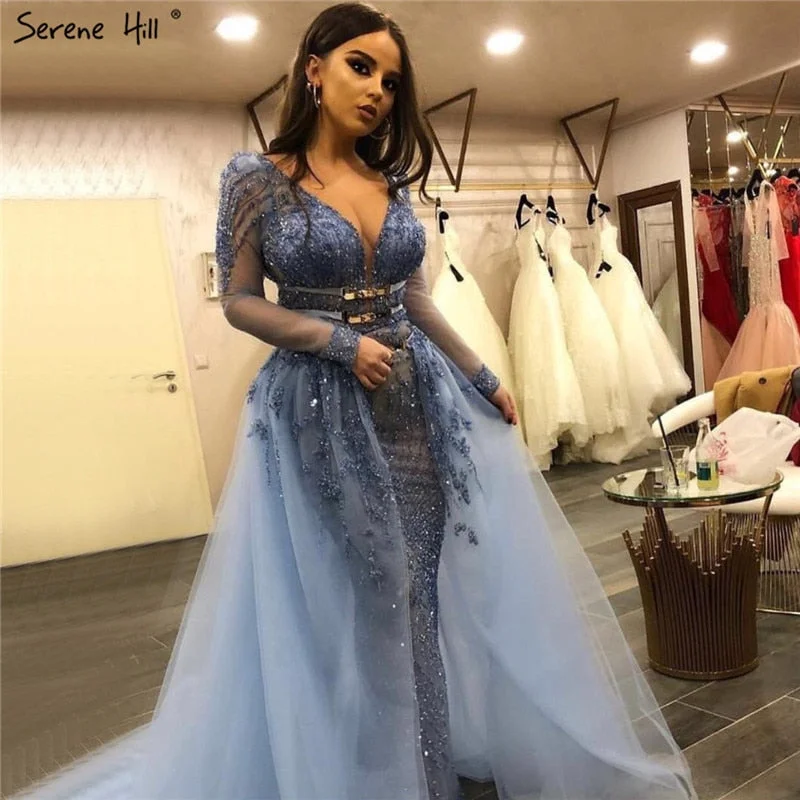 Blue Dubai Luxury Sequined Sparkle Evening Dresses 2020 Long Sleeve Beading Evening Gowns Serene Hill Plus Size LA60858