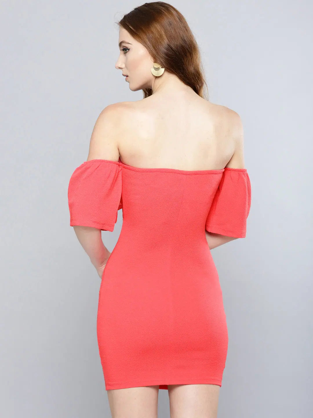 Coral Cutout Bodycon Bow Bardot Dress