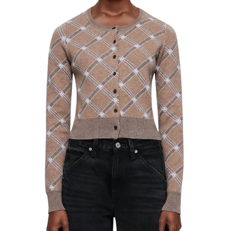 Cropped Crewneck Cardigan In Camel Combo Herringbone Houndstooth Plaid